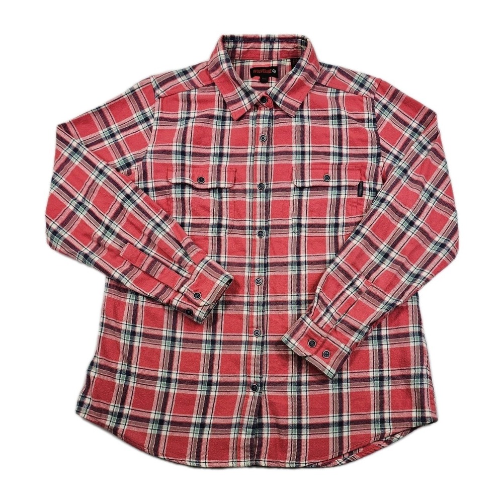 Wolverine Flannel Plaid Womens Medium Pink Blue White Button Up Shirt‎ Comfort